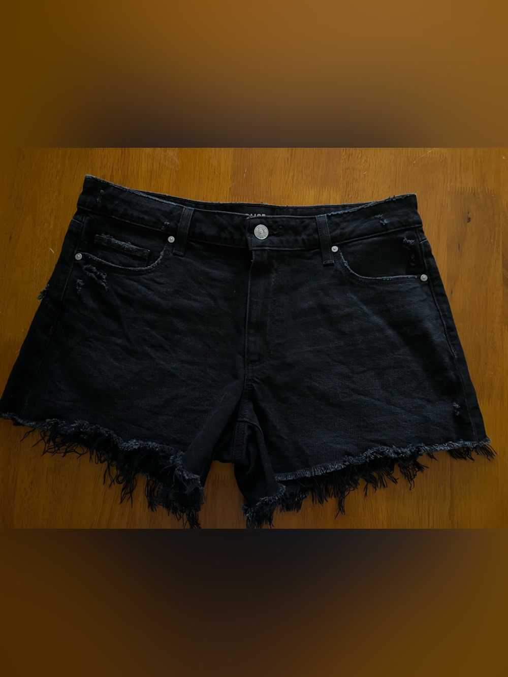PAIGE Black Frayed Hem Denim Cutoff Shorts